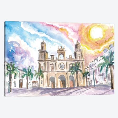 Las Palmas De Gran Canaria Cathedral Scene With Sunset And Plaza Canvas Print #MMB799} by Markus & Martina Bleichner Canvas Art Print