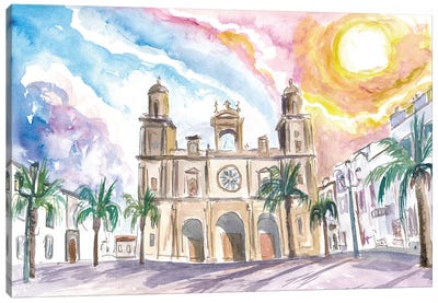 Las Palmas De Gran Canaria Cathedral Scene With Sunset And Plaza Canvas Art Print