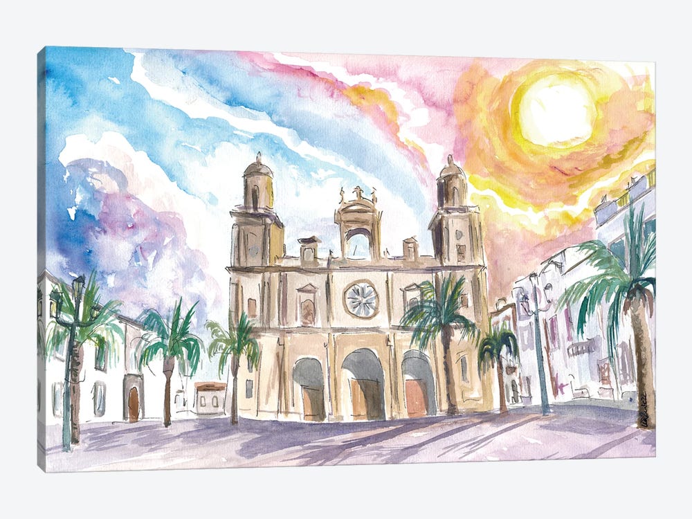 Las Palmas De Gran Canaria Cathedral Scene With Sunset And Plaza by Markus & Martina Bleichner 1-piece Canvas Artwork