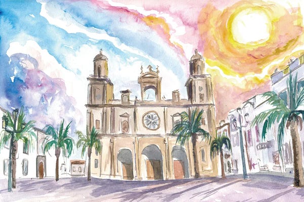 Markus & Martina Bleichner: Las Palmas De Gran Canaria Cathedral Scene With Sunset And Plaza by Markus & Martina Bleichner