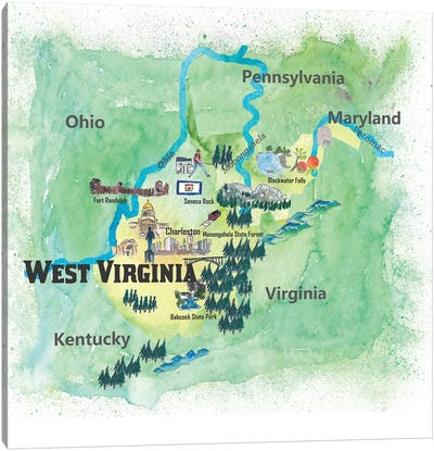USA, West Virginia State Travel Poster Map Canvas Art Print - Kids Map Art