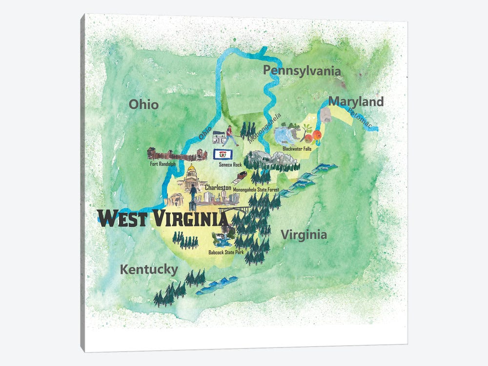 USA, West Virginia State Travel Poster Map by Markus & Martina Bleichner 1-piece Canvas Print