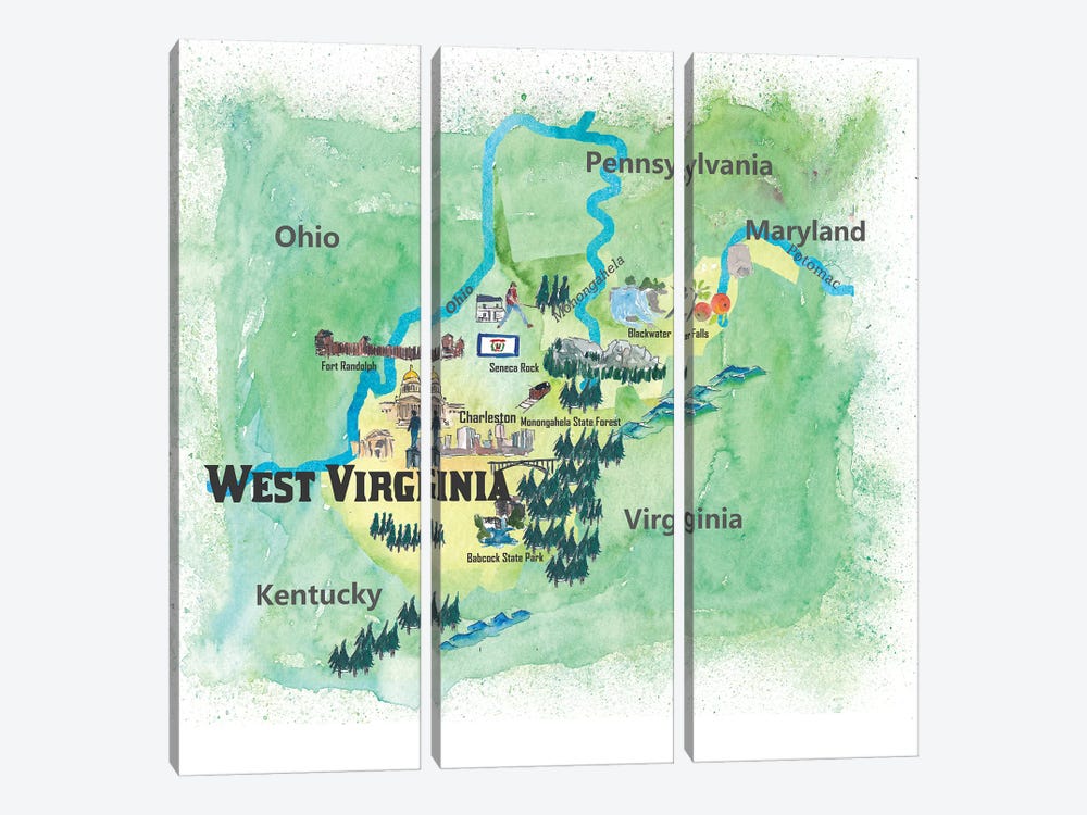 USA, West Virginia State Travel Poster Map by Markus & Martina Bleichner 3-piece Canvas Print