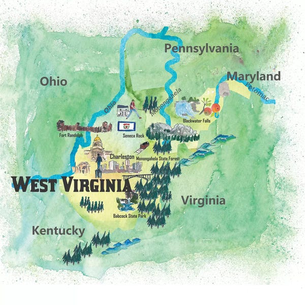 Kids Map Art: USA, West Virginia State Travel Poster Map by Markus & Martina Bleichner