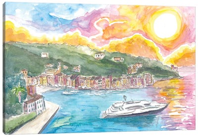 Portofino Italian Dreams With Luxury Yacht And Waterfront Canvas Art Print - Yacht Art
