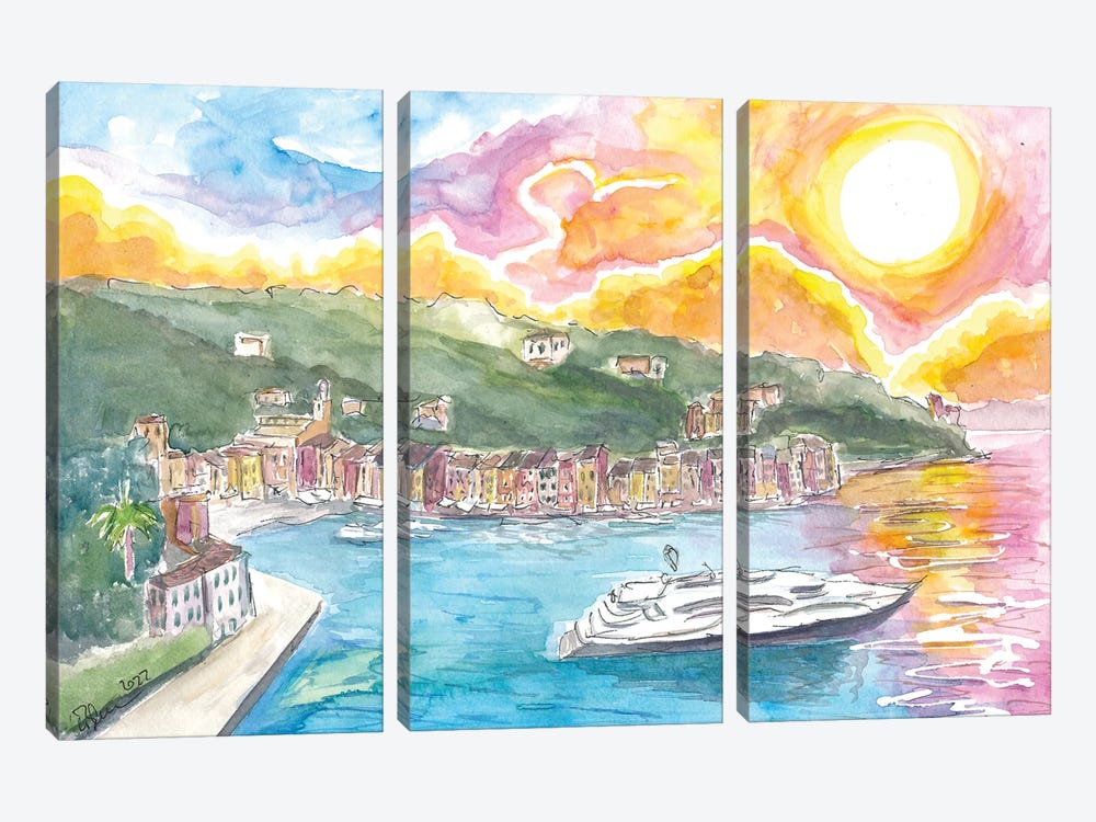 Portofino Italian Dreams With Luxury Yacht And Waterfront by Markus & Martina Bleichner 3-piece Canvas Print