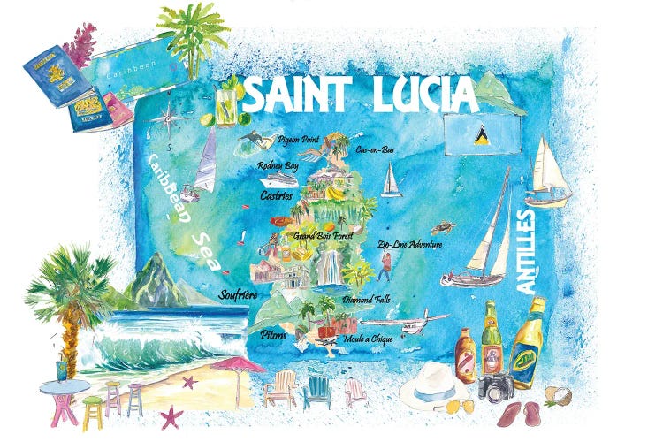 Saint Lucia West Indies Illustrated Map 2nd Edition by Markus & Martina Bleichner wall art