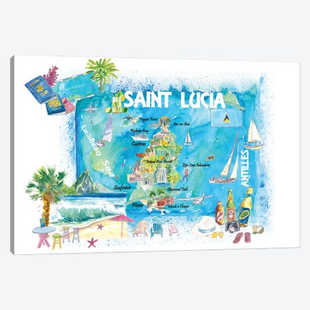 Saint Lucia West Indies Illustrated Map 2nd Edition Canvas Print #MMB808} by Markus & Martina Bleichner Art Print