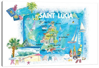 Saint Lucia West Indies Illustrated Map 2nd Edition Canvas Art Print - Saint Lucia