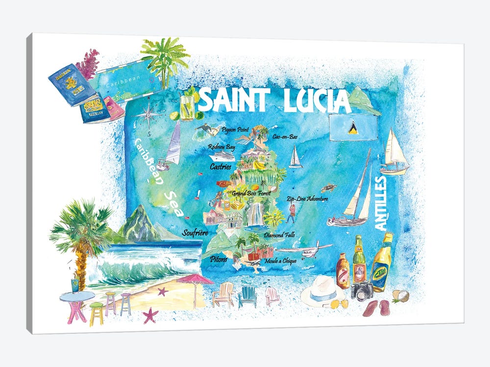 Saint Lucia West Indies Illustrated Map 2nd Edition by Markus & Martina Bleichner 1-piece Canvas Wall Art