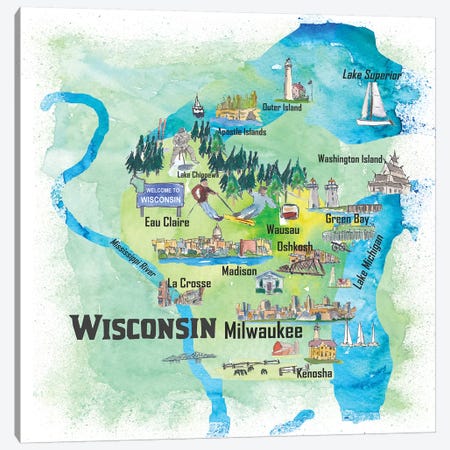 USA, Wisconsin Illustrated Travel Poster Canvas Print #MMB80} by Markus & Martina Bleichner Canvas Art Print