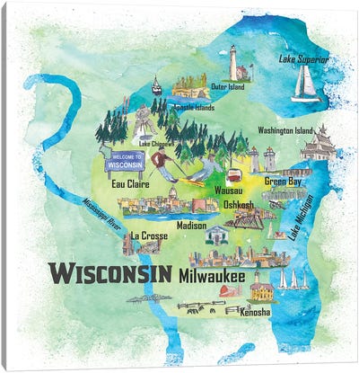USA, Wisconsin Illustrated Travel Poster Canvas Art Print - Kids Map Art