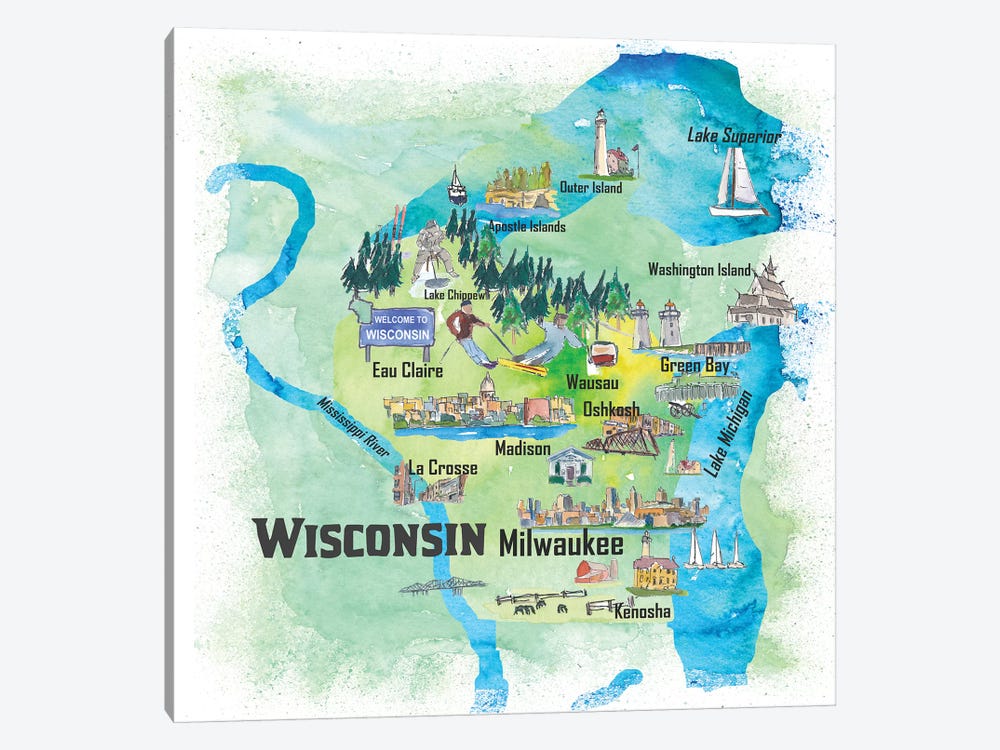 USA, Wisconsin Illustrated Travel Poster by Markus & Martina Bleichner 1-piece Canvas Print