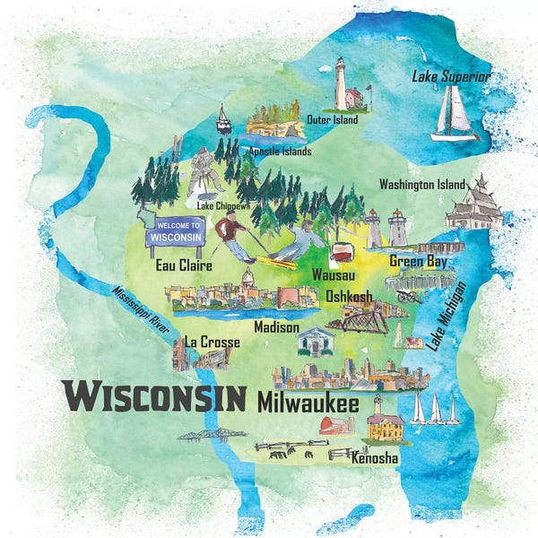 Kids Map Art: USA, Wisconsin Illustrated Travel Poster by Markus & Martina Bleichner