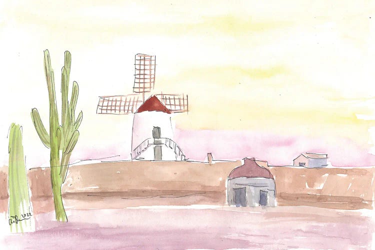 Lanzarote Canary Island Landscape With Windmill And Cacti