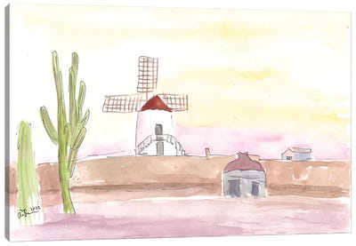 Lanzarote Canary Island Landscape With Windmill And Cacti Canvas Art Print - Watermill & Windmill Art