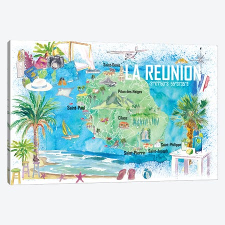 La Reunion Illustrated Island Travel Map With Tourist Highlights Canvas Print #MMB811} by Markus & Martina Bleichner Canvas Art