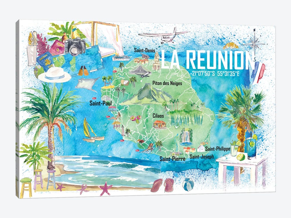 La Reunion Illustrated Island Travel Map With Tourist Highlights by Markus & Martina Bleichner 1-piece Canvas Artwork