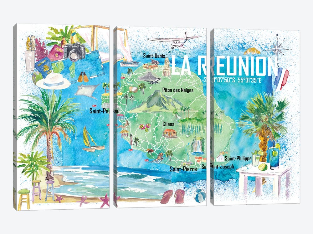 La Reunion Illustrated Island Travel Map With Tourist Highlights by Markus & Martina Bleichner 3-piece Canvas Artwork