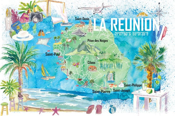 Markus & Martina Bleichner: La Reunion Illustrated Island Travel Map With Tourist Highlights by Markus & Martina Bleichner