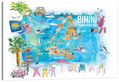 Bimini Bahamas Illustrated Map With Island Tourist Highlights Canvas Art Print - Caribbean Art
