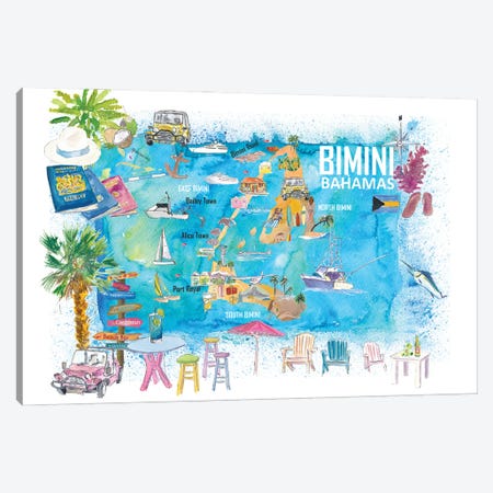 Bimini Bahamas Illustrated Map With Island Tourist Highlights Canvas Print #MMB814} by Markus & Martina Bleichner Canvas Print