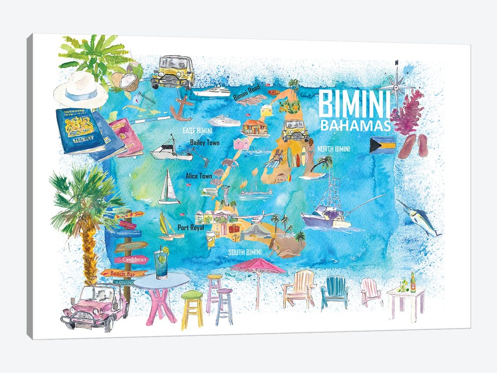 Bimini Bahamas Illustrated Map With Island Tourist Highlights by Markus & Martina Bleichner 1-piece Art Print