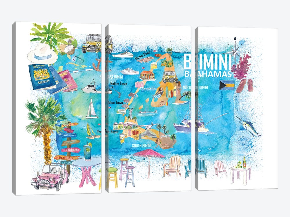 Bimini Bahamas Illustrated Map With Island Tourist Highlights by Markus & Martina Bleichner 3-piece Canvas Art Print