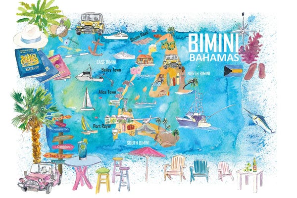 Bahamas: Bimini Bahamas Illustrated Map With Island Tourist Highlights by Markus & Martina Bleichner