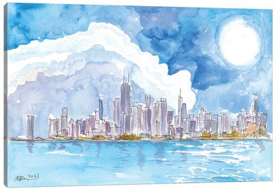 Chicago Skyline Impressions With Lake Michigan And Water Reflections Canvas Art Print - Chicago Skylines
