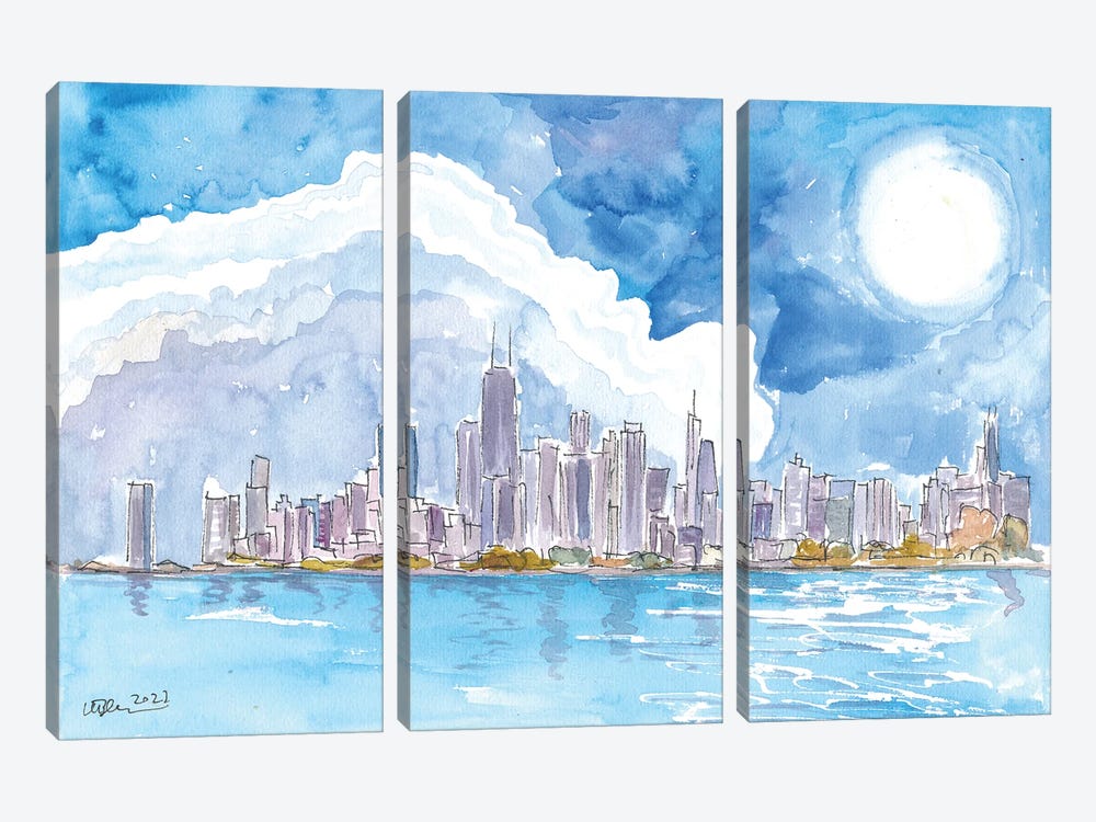 Chicago Skyline Impressions With Lake Michigan And Water Reflections by Markus & Martina Bleichner 3-piece Art Print