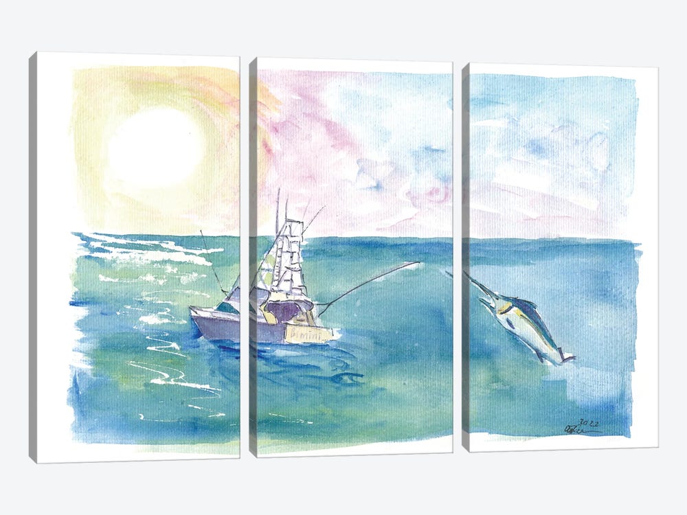 Gone Caribbean Fishing With Yacht And Marlin by Markus & Martina Bleichner 3-piece Canvas Wall Art