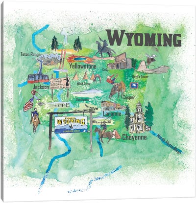 USA, Wyoming Illustrated Travel Poster Canvas Art Print - Kids Map Art