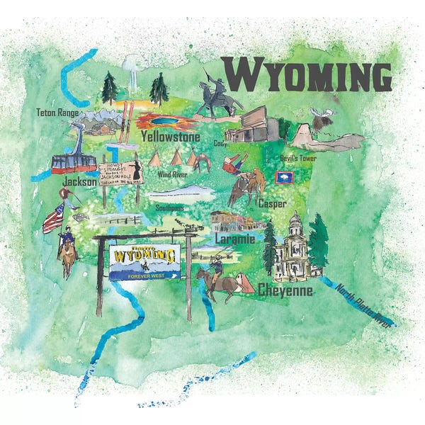 Kids Map Art: USA, Wyoming Illustrated Travel Poster by Markus & Martina Bleichner
