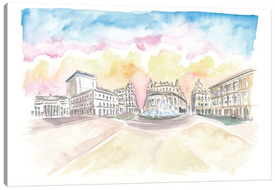 Genoa Italy Main Square Piazza At Sunrise Canvas Art Print - Genoa
