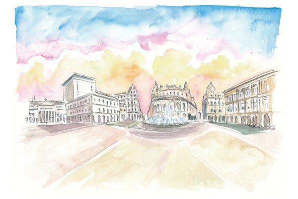 Fountains: Genoa Italy Main Square Piazza At Sunrise by Markus & Martina Bleichner