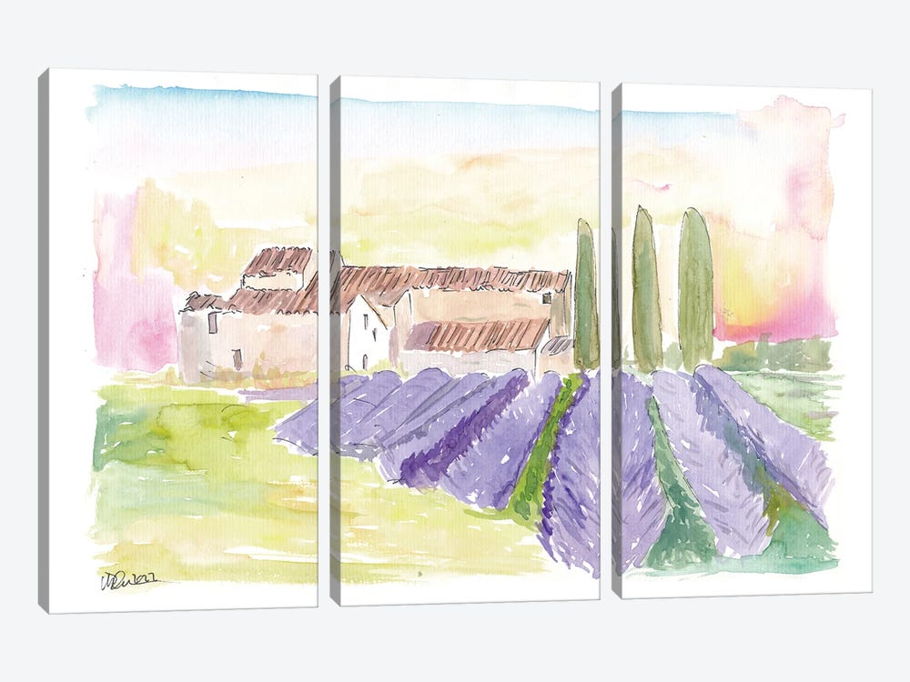 Provence Classical View Of Lavender Fields And Abbey by Markus & Martina Bleichner 3-piece Canvas Art