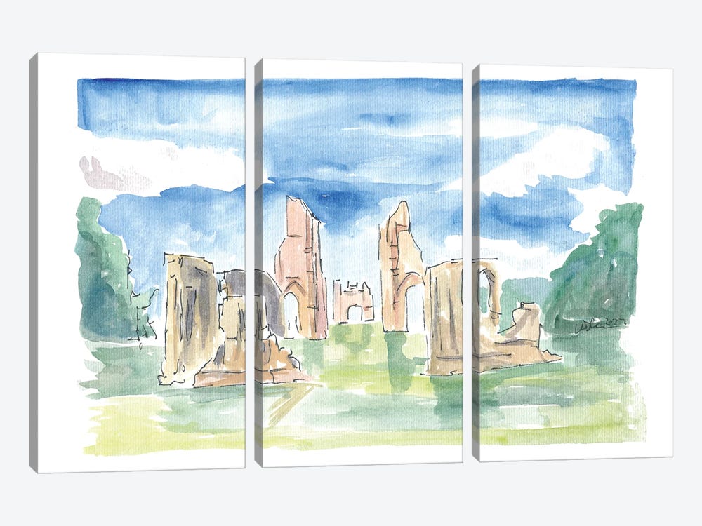 Glastonbury Abbey Ruins Watercolor Impressions by Markus & Martina Bleichner 3-piece Canvas Art Print