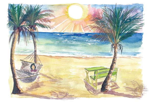Fine Art Print: Serene Beach Perfection With Hammock Zen Under Palms And Swell by Markus & Martina Bleichner