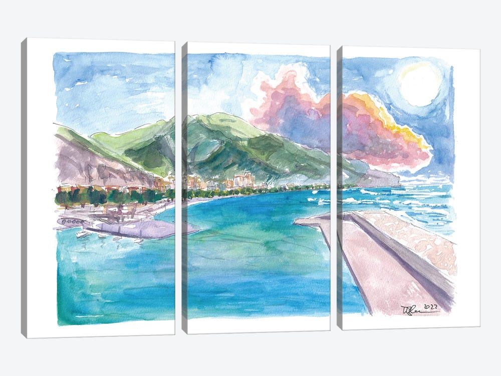 Maiori Port On Amalfi Coast With Clouds And Blu Med by Markus & Martina Bleichner 3-piece Art Print