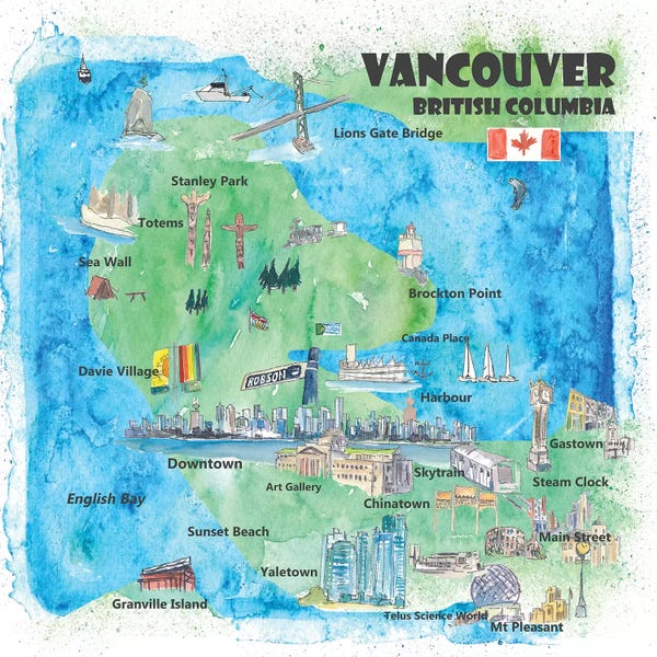 Kids Map Art: Vancouver, British Columbia, Canada Travel Poster by Markus & Martina Bleichner
