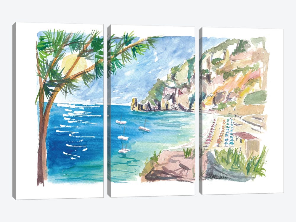 Cetara Amalfi Coast Zen With Turquoise Sea And Boats by Markus & Martina Bleichner 3-piece Canvas Art Print