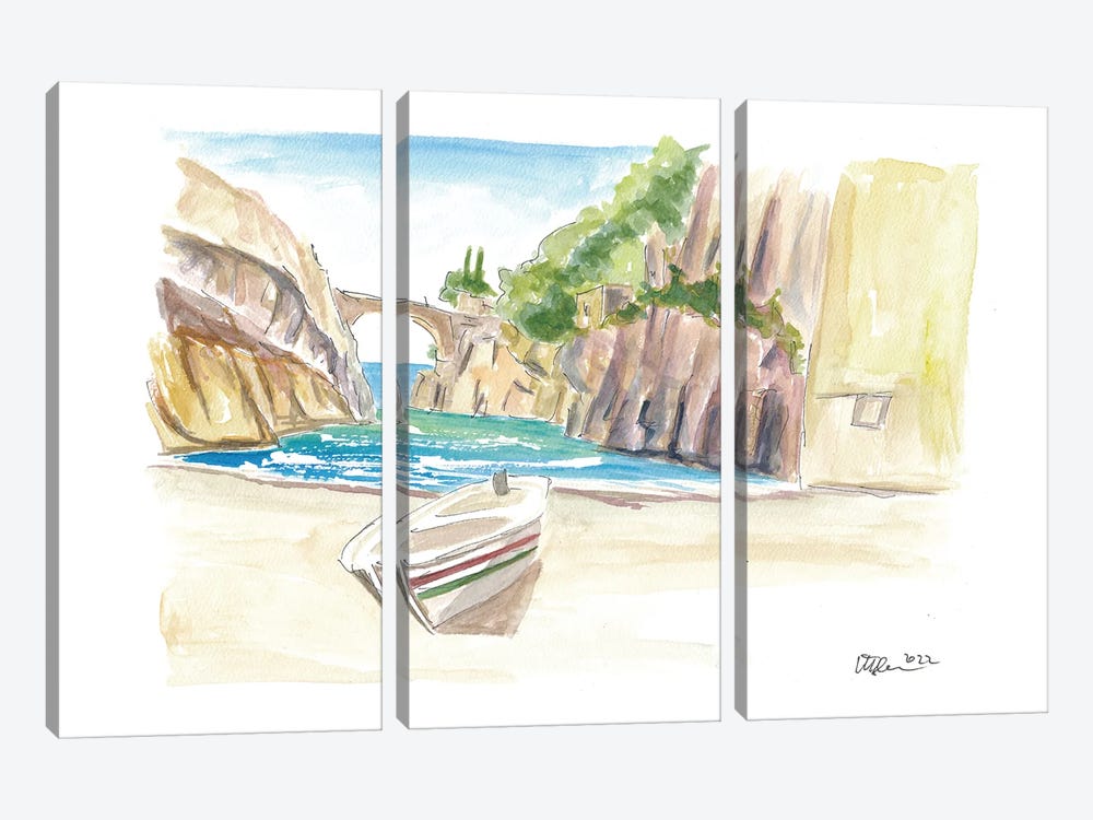 Fiordo Furore Serene Bay At Amalfi Coast With Boat And Swell by Markus & Martina Bleichner 3-piece Canvas Art