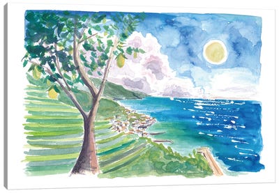 Minori Amalfi Coast With Lemon Tree And Blue Mediterranean Canvas Art Print - Hill & Hillside Art