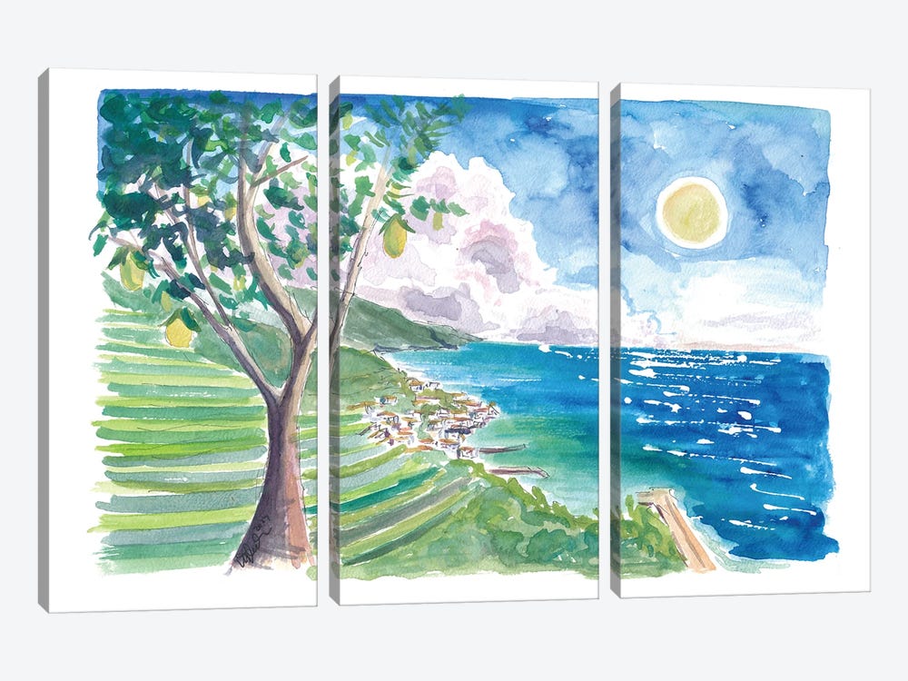 Minori Amalfi Coast With Lemon Tree And Blue Mediterranean by Markus & Martina Bleichner 3-piece Canvas Art Print