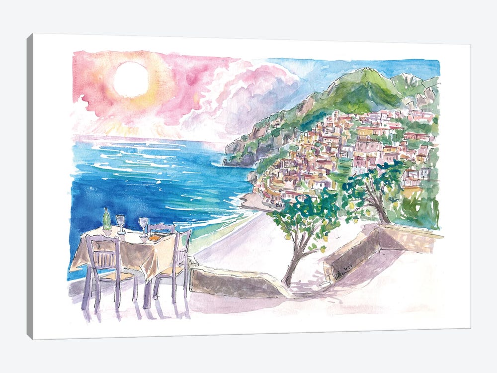 Incredible Seaview Cafe With Positano Amalfi Coast And Sea by Markus & Martina Bleichner 1-piece Canvas Art