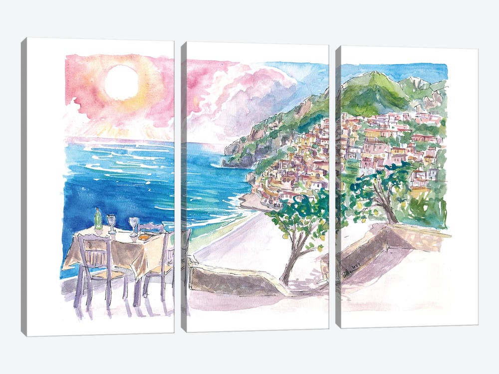 Incredible Seaview Cafe With Positano Amalfi Coast And Sea by Markus & Martina Bleichner 3-piece Canvas Art