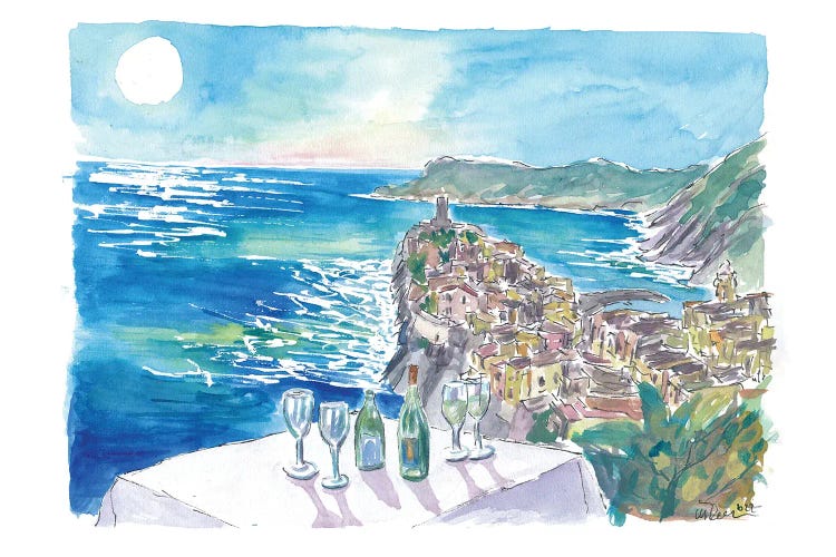 Mediterranean View From Restaurant With Wine And Vernazza Cinque Terre by Markus & Martina Bleichner wall art