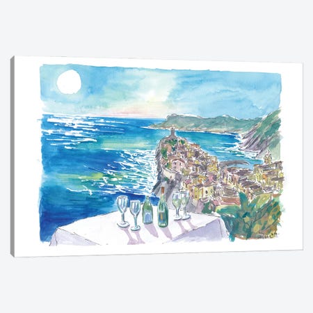 Mediterranean View From Restaurant With Wine And Vernazza Cinque Terre Canvas Print #MMB838} by Markus & Martina Bleichner Canvas Artwork