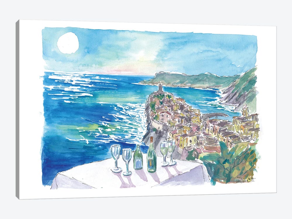 Mediterranean View From Restaurant With Wine And Vernazza Cinque Terre by Markus & Martina Bleichner 1-piece Canvas Print
